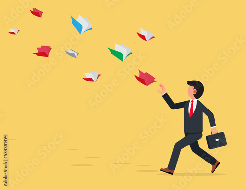 Businessman is running after books. Learning aspiration concept.