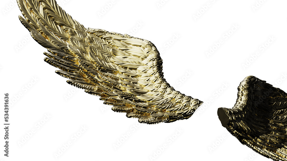 Gold wings under white lighting background. Concept 3D CG of free activity, decision without regret and strategic action. PNG file format.
