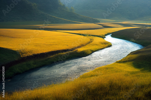 Beautiful mountain landscape with yellow grass and river. 3D illustration