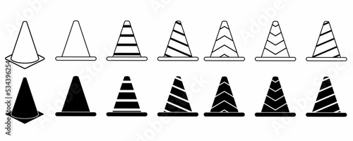 Outline silhouette road traffic cone icon set isolated on white background.traffic cone vector illustration flat design