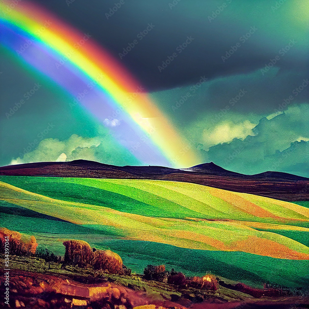 Obraz premium Rainbow in green field with sky