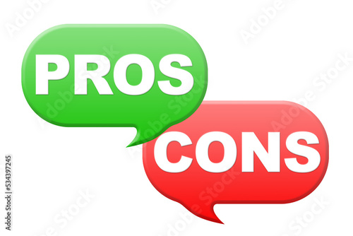Pros and cons words on green and red dialog box photo