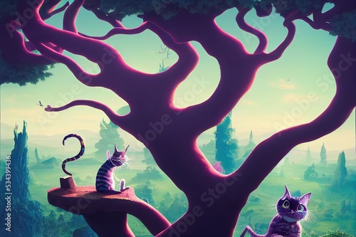 Wonderland surreal landscape with a magic passage and a cheshire cat watching the scene on a tree branch. High quality illustration