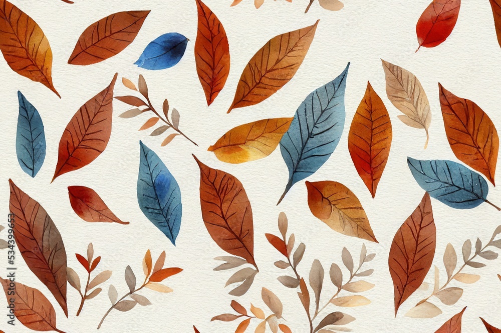 Obraz premium Watercolor seamless autumn pattern with coffee, leaves, cookies and chocolate on a gray blue background.