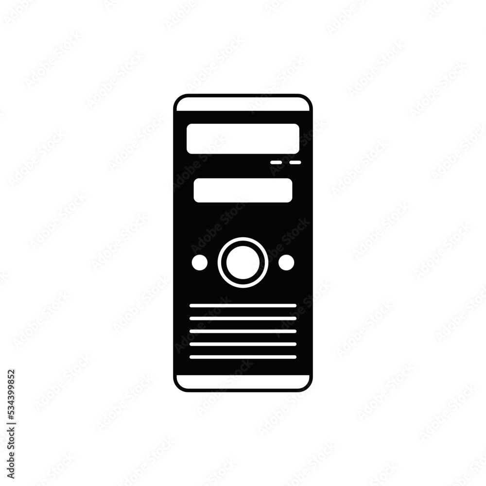 Computer case icon in black flat glyph, filled style isolated on white background Computer case icon in black flat glyph, filled style isolated on white background