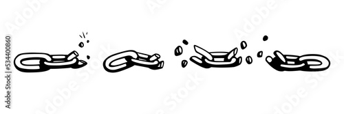 Broken chain with shatters as symbol of strength and freedom. Sketch of metal chains. Vector illustration isolated in white background