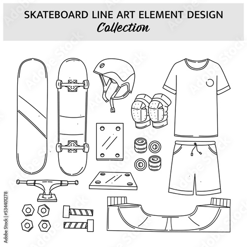 Set of Skateboard equipment hand drawn vector illustration. Sports icon design template.