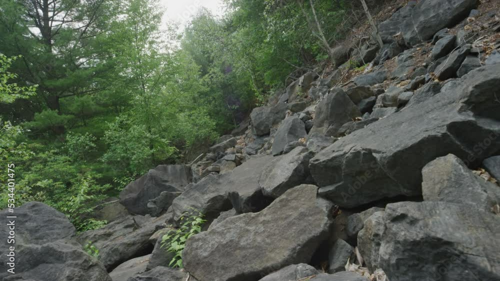 Rocky mountainous hillside in Pennsylvania forest in slow motion in summer Rocky mountainous hillside in Pennsylvania forest in slow motion in summer
