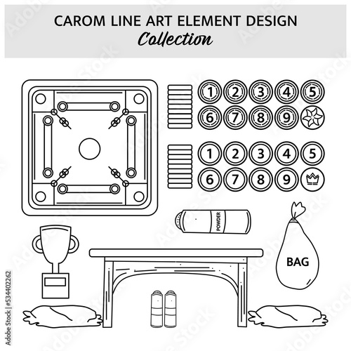 Set of Carom equipment hand drawn vector illustration. Sports icon design template.