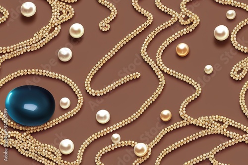 Seamless pattern decorated with precious stones, gold chains and pearls.