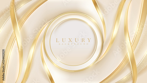 Luxury background with golden circle frame elements and ribbons with bokeh decorations and sparkling lights. Vector illustration.