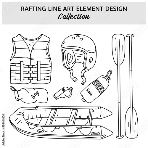 Set of Rafting equipment hand drawn vector illustration. Sports icon design template.
