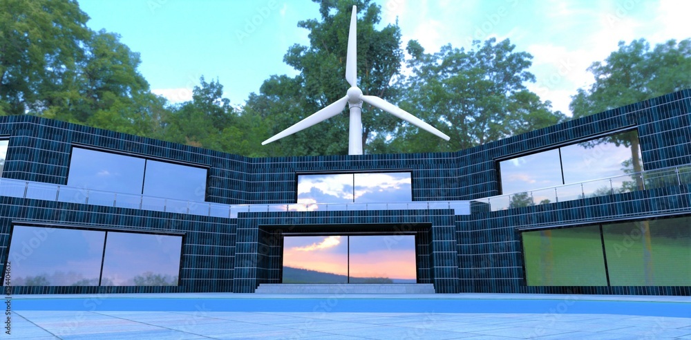 Fototapeta premium The combination of a wind turbine and solar panels on the façade will provide redundant energy independence for a sustainable building in the near future. 3d render.