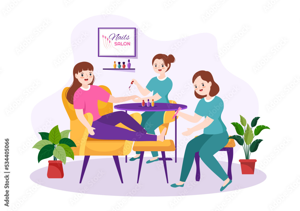 Nail Polish Salon Template Hand Drawn Cartoon Flat Illustration Receiving of Manicure or Pedicure with Tools and Accessories to a Young Girl Concept Nail Polish Salon Template Hand Drawn Cartoon Flat Illustration Receiving of Manicure or Pedicure with Tools and Accessories to a Young Girl Concept