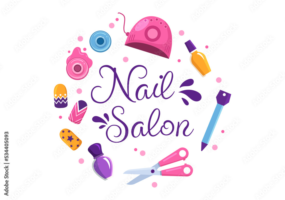 Nail Polish Salon Template Hand Drawn Cartoon Flat Illustration Receiving of Manicure or Pedicure with Tools and Accessories to a Young Girl Concept