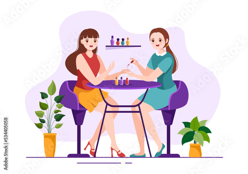 Nail Polish Salon Template Hand Drawn Cartoon Flat Illustration Receiving of Manicure or Pedicure with Tools and Accessories to a Young Girl Concept