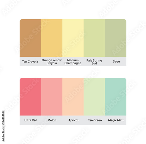 Matching color palette guide catalog collection. RGB HEX color codes with color names. Suitable for fashion Branding etc. 2 color palettes each contain 5 colors. Including yellow, green and pink.