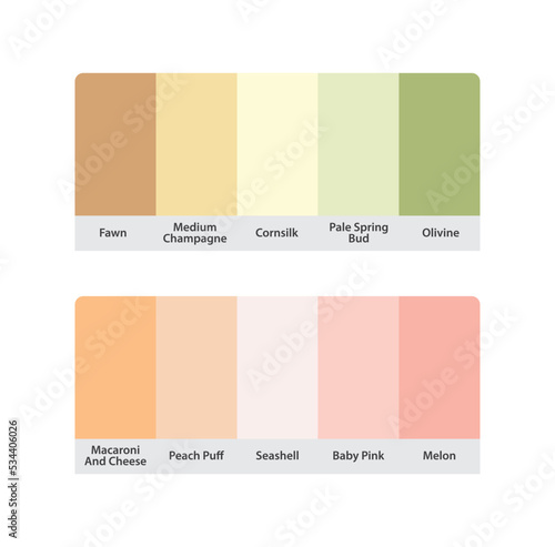 Matching warm color palette guide catalog collection. RGB HEX codes with color names. Suitable for fashion Branding etc. 2 color palettes each contain 5 colors. Including green yellow pink.