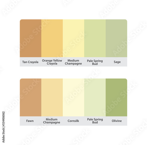 Warm and cool matching color palette guide catalog collection. RGB HEX codes with color names. Suitable for fashion Branding etc. 2 color palettes each contain 5 colors. Including green yellow brown