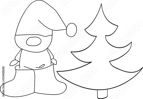 Cute gnome with a Christmas tree illustration. Hand-drawn doodles illustration. Line art. Icon