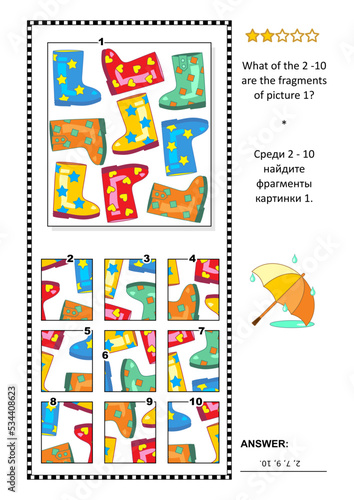 Visual logic puzzle with rubber boots: What of the 2-10 are the fragments of the picture 1? Answer included.
