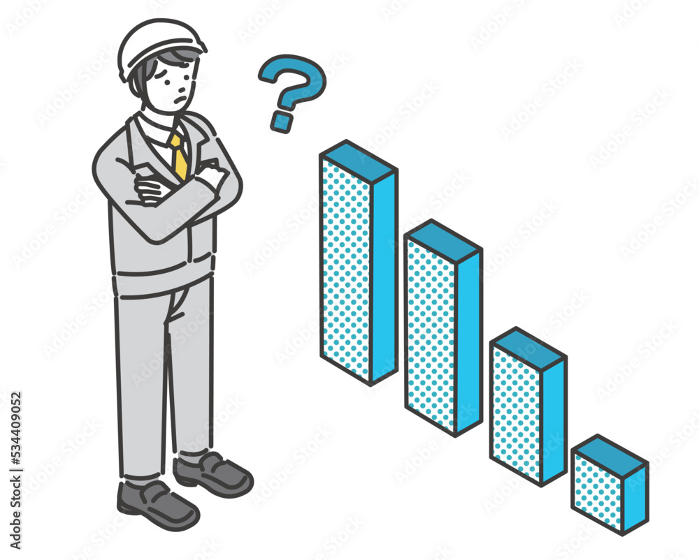 Obraz premium 右肩下がりのグラフを見て、悩む作業員のベクターイラスト素材／アイソメ／サラリーマン