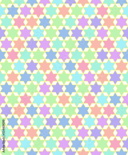 Pastel colorful six-pointed star. Overlapping white hexagon shapes. Seamless abstract background pattern. Texture design for vector illustration.