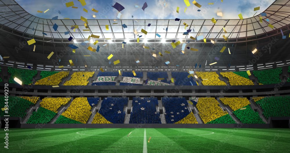 Fototapeta premium Image of flag of brazil over confetti on stadium