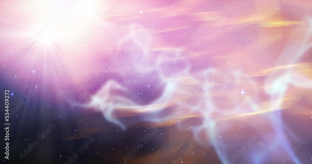 Fototapeta premium Image of glowing stars on orange, pink and purple light trails in universe
