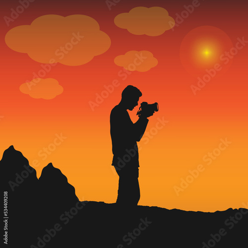 Photographer taking photo in sunset with camera silhouette vector landscape illustration