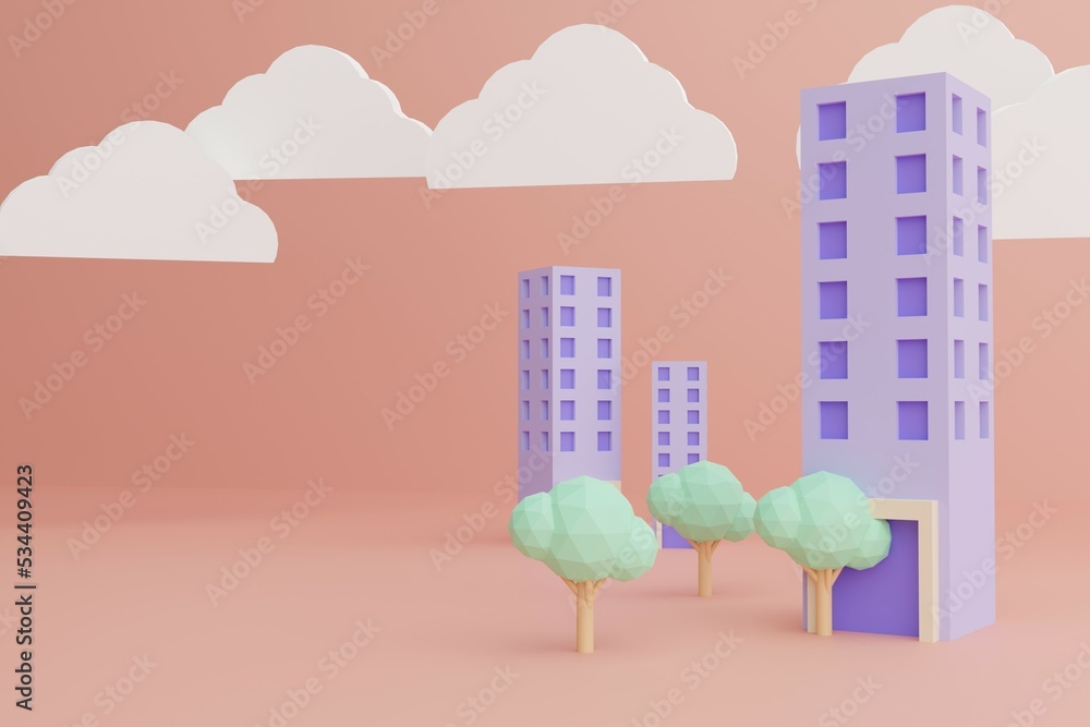 Residential, Condo Building, Residential Building, High-rise Building, Apartment, City Building, 3D illustration with soft light, pastel color model.
