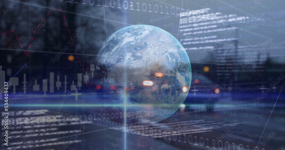 Financial and stock market data processing over globe against city traffic Financial and stock market data processing over globe against city traffic