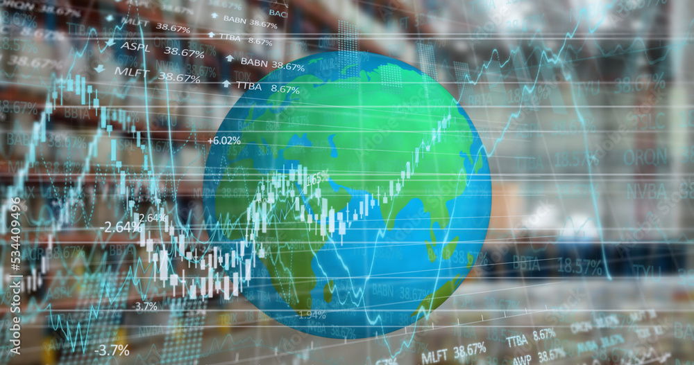 Fototapeta premium Financial and stock market data processing over spinning globe against warehouse