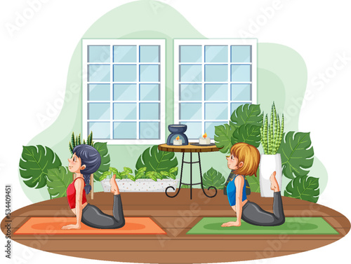 Women practicing yoga at home