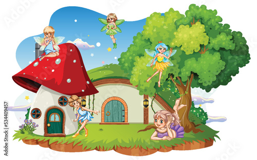 Fairies at hobbit house on white background