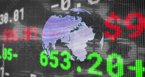 Image of stock market over globe and data processing on black background
