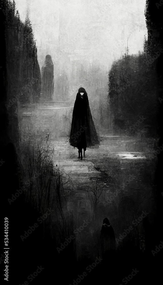 Black and white digital painting of a lonely little girl in a black ...