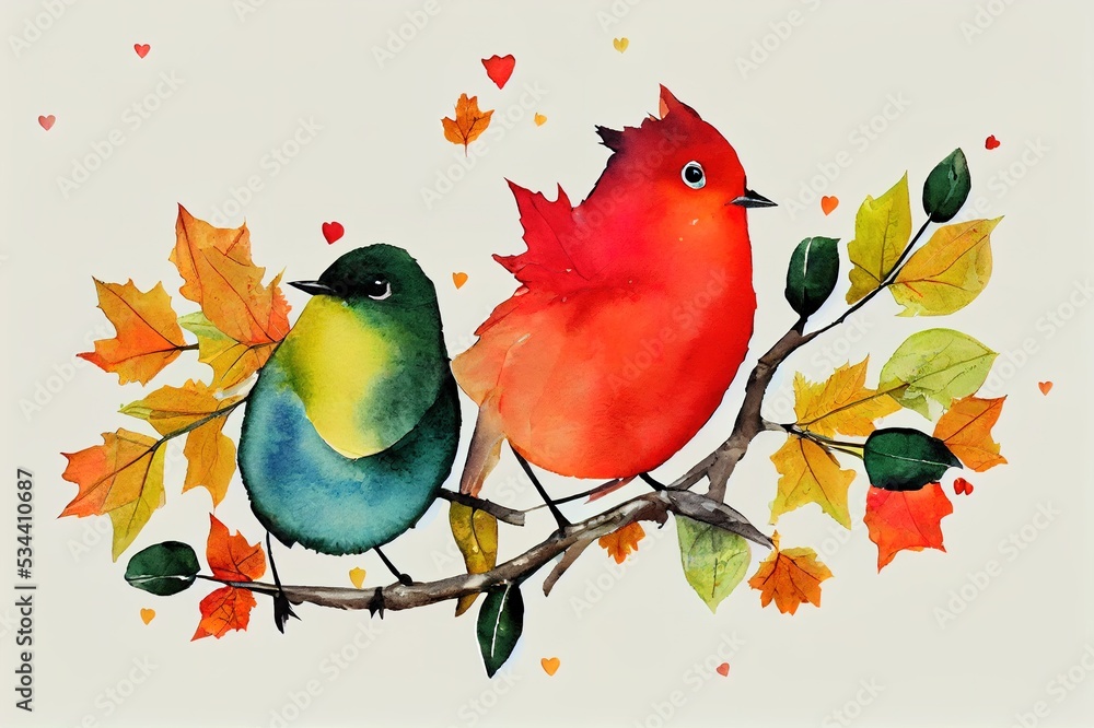 Robin birds sitting on maple branch with beautiful colorful leaves and symbol heart, watercolor romantic illustration isolated on white background for your design, autumn wedding, invitation card.