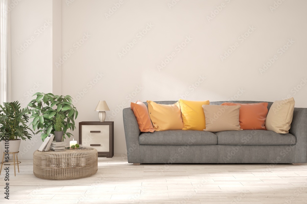 Fototapeta premium White living room with sofa. Scandinavian interior design. 3D illustration
