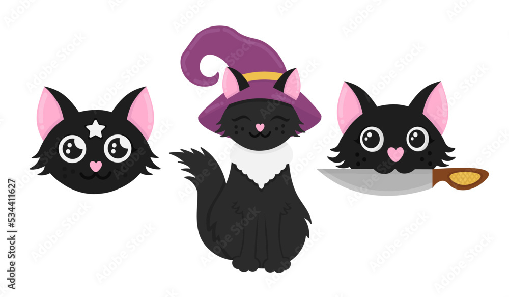 Doodle flat clipart. Set of magical cats. All objects are repainted.