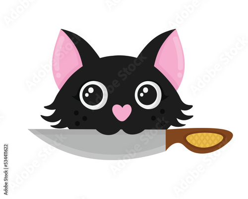 Doodle flat clipart. Cunning cute cat with a knife in his teeth. All objects are repainted.