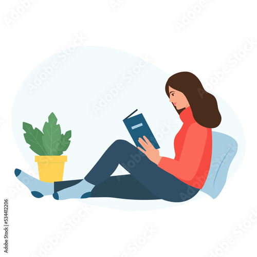 Girl reading a book and resting . Spending  time by reading. Vector illustration