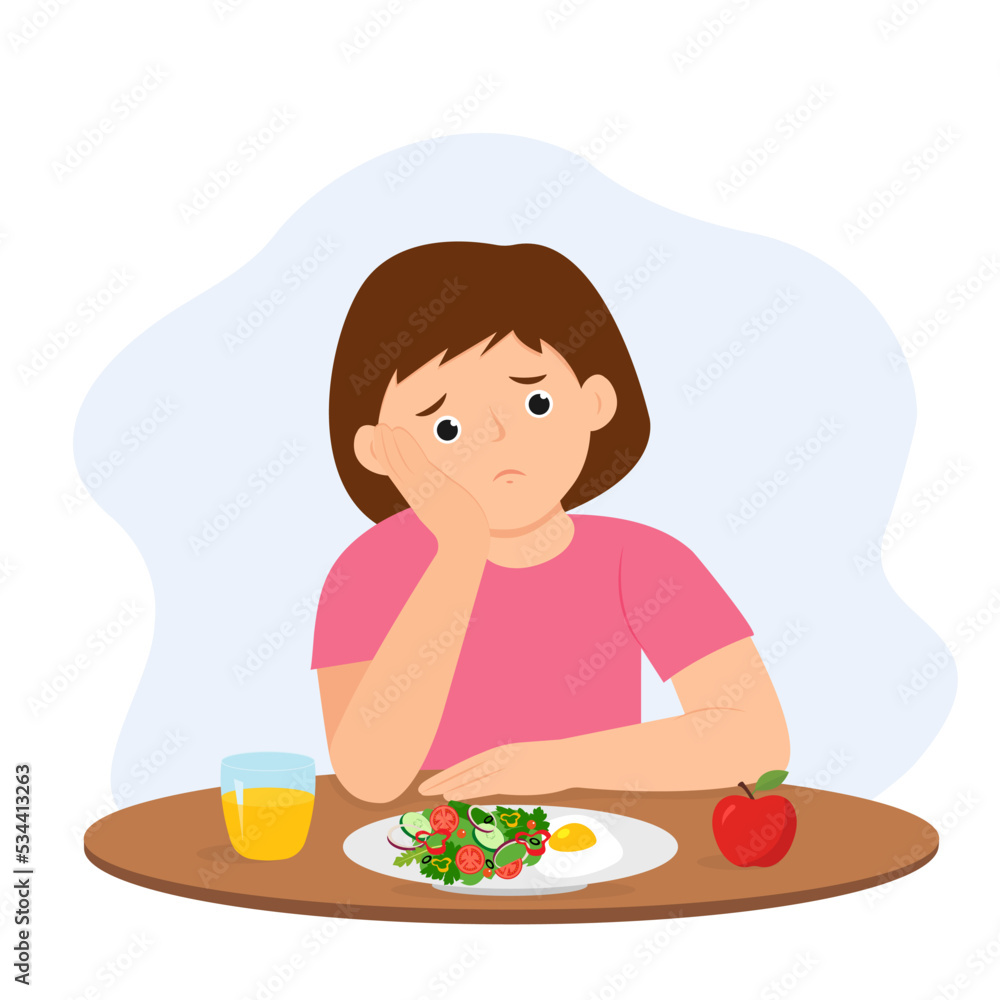 Child eating boring food. Little girl feel not hungry. Kid feeling unhappy looking at bowl of vegetables refusing to eat. Vector illustration Child eating boring food. Little girl feel not hungry. Kid feeling unhappy looking at bowl of vegetables refusing to eat. Vector illustration