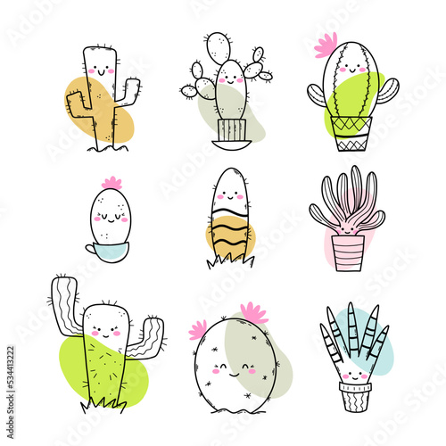 Cute cactus hand drawn. Set of doodle elements. Funny sticker.