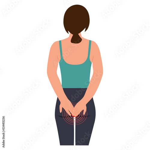 The woman  holding her bottom. The girl suffers from hemorrhoids. Healthcare concept. Vector illustration
