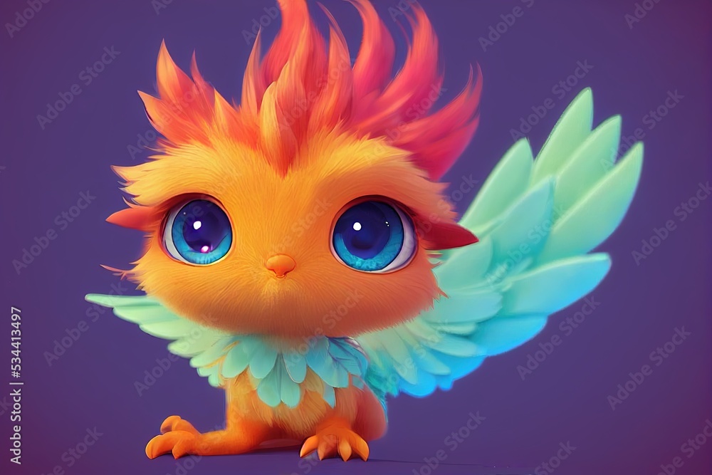 3D rendered computer generated image of a kawaii baby Phoenix bird. Young bird chick with bright and colorful shades of orange and more. Polychromatic modern animation style with studio background 3D rendered computer generated image of a kawaii baby Phoenix bird. Young bird chick with bright and colorful shades of orange and more. Polychromatic modern animation style with studio background