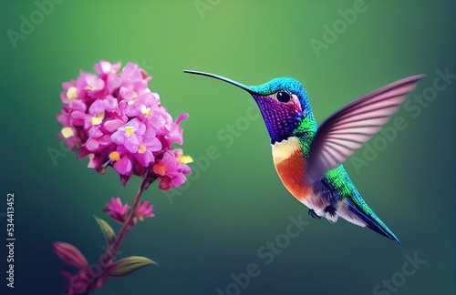A vibrant hummingbird drinking dew and nectar from inside an exotic flower. Bright and colorful, vivid macros image created with Generative AI © Brian