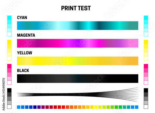 Print Test CMYK Calibration Illustration with Color Test for Cyan, Magenta, Yellow, Black and Many Colors.