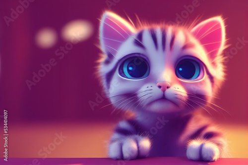 An adorable kawaii chibi kitten 3D computer generated character. Completely original striped cat with pink nose and blue eyes photo