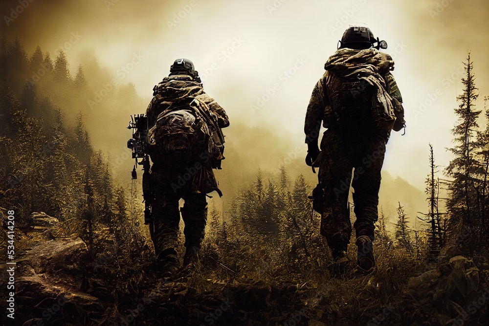 Generative AI Two Military special forces generated by artificial intelligence. Not a real army uniform for any country and not real people. Just two unknown soldiers walking in a field Generative AI Two Military special forces generated by artificial intelligence. Not a real army uniform for any country and not real people. Just two unknown soldiers walking in a field